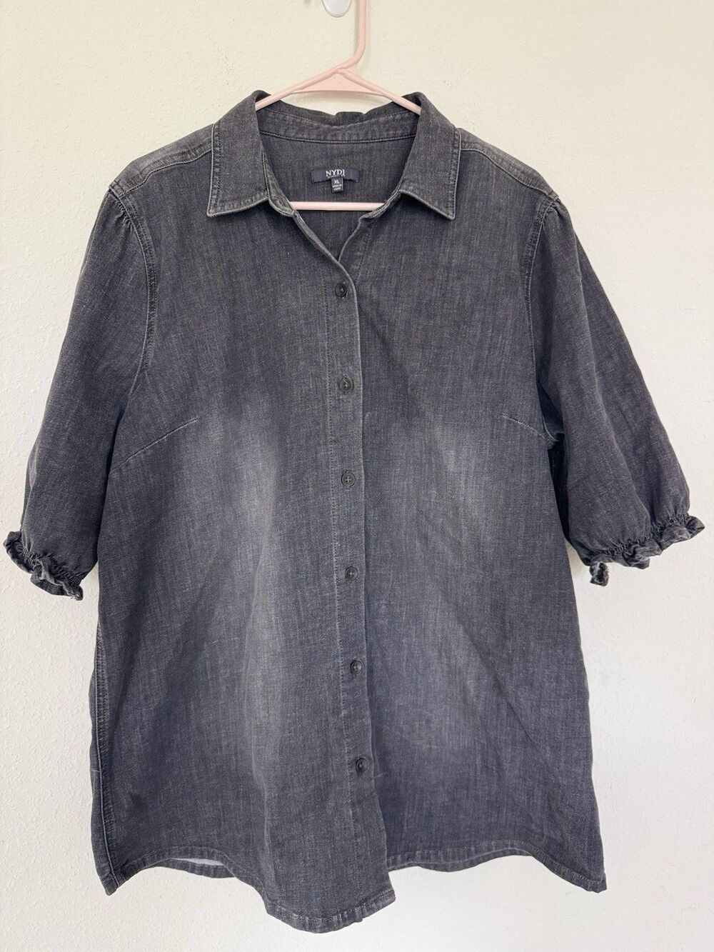 NYDJ Smocked Sleeve Denim Shirt Smoky Mountain Puff Sleeve Distressed Cottage XL